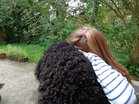 Mädchen umarmt einen großen, lockigen schwarzen Hund im Freien.