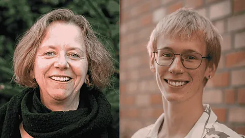 Zwei Porträtaufnahmen: lächelnde Frau mit kurzem Haar und junger Mann mit Brille.