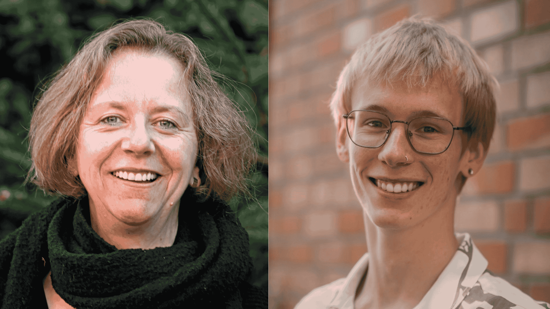 Zwei Porträtaufnahmen: lächelnde Frau mit kurzem Haar und junger Mann mit Brille.