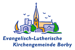 Bunte Cartoon-Dorfansicht mit Kirchturm, Segelboot und Text.