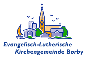 Bunte Cartoon-Dorfansicht mit Kirchturm, Segelboot und Text.